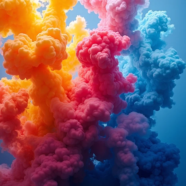A sketch in the style of TOK ofa close up of a colorful cloud formation with a blue background, fluid coloured smoke, colorful smoke, puffs of colored smoke, colored smoke, explosive colors, color smoke, colorful explosion, colourful explosion, acid color smoke, pure color background, brightly coloured smoke, multi color smoke, colorful vapor, colourful 4 k hd, color ink explosion, colorful spells, abstract colours