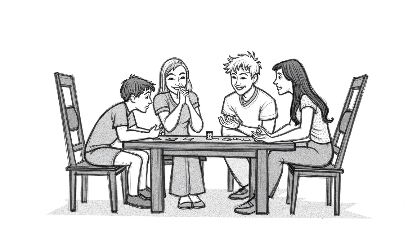 A sketch of a family of four playing a card game at a family room coffee table.