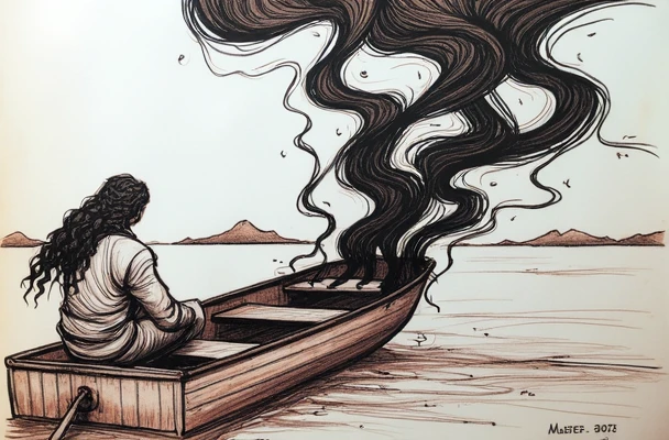 A sketch of there is a man that is sitting in a boat with a dog, the hair floats on the water, mastercraft, on a boat on a lake, sea - doo gtx, flow everywhere, very long flowing hair, long flowing braided hair, on a lake, big flowing hair, flowing massive hair, floating long hair, long fine flowing hair, psychedelic flowing hair in a style of TOK