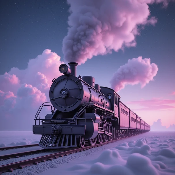 A sketch of there is a train that is traveling down the tracks with a lot of smoke, cgsociety 9, the milky way express, pink clouds background, pink cloud background, train, train far, locomotive, dream scenery art, polar express, steam romance, by Evgeny Lushpin, big train in space, clouds. fantasy, blissful journey, gothic locomotive, pink cloudy background in a style of TOK