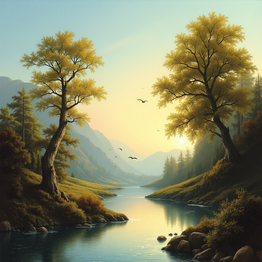 landscape with river, trees and birds