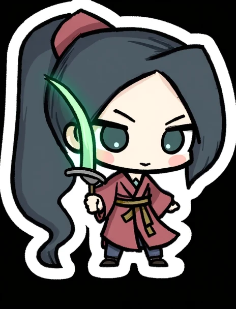 A sketch of a cartoon girl with a sword and a green beak, zhao yun, akali, taoist master, long hair with a ponytail, she is holding a katana sword, nanquan, mei-ling zhou, long sword in her hand, nezha, holding khopesh, arcane jinx, ren heng, long black hair in a ponytail in a style of TOK