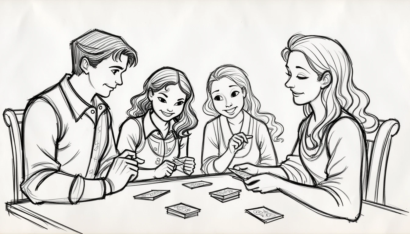 A sketch of a family of four playing a card game in the family room