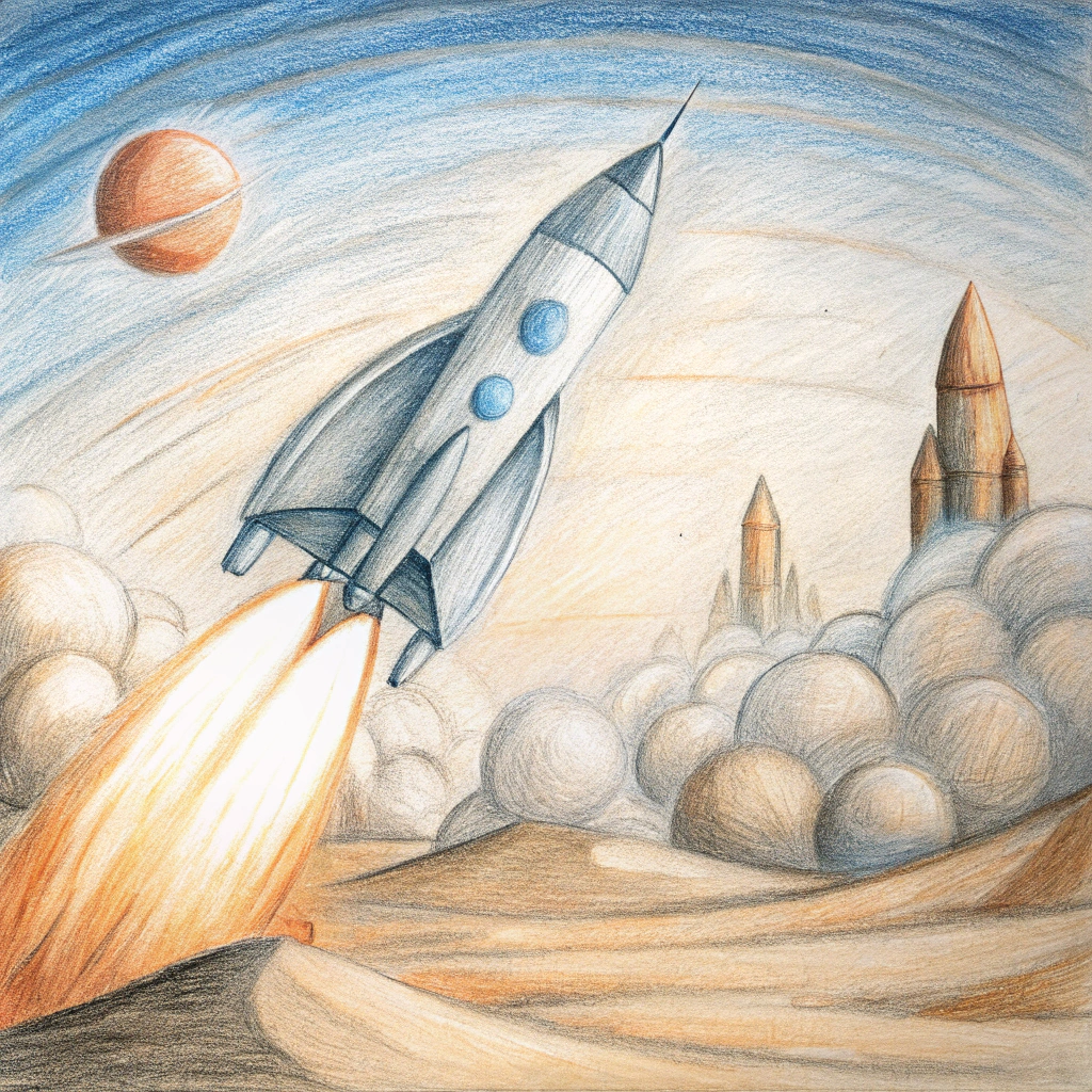 A space ship take off from the rocket launch pad