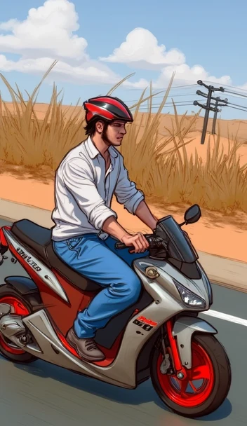 A sketch of there are two men riding on a motorcycle on the road, without helmet, indore, riding on the moped scooter, sitting on a motorcycle, riding a futuristic motorcycle, no helmet!!!!, speeding on motorcycle, 2019 trending photo, riding a motorcycle, no helmet, moped, sitting on cyberpunk motorbike, riding a motorbike, matlab in a style of TOK