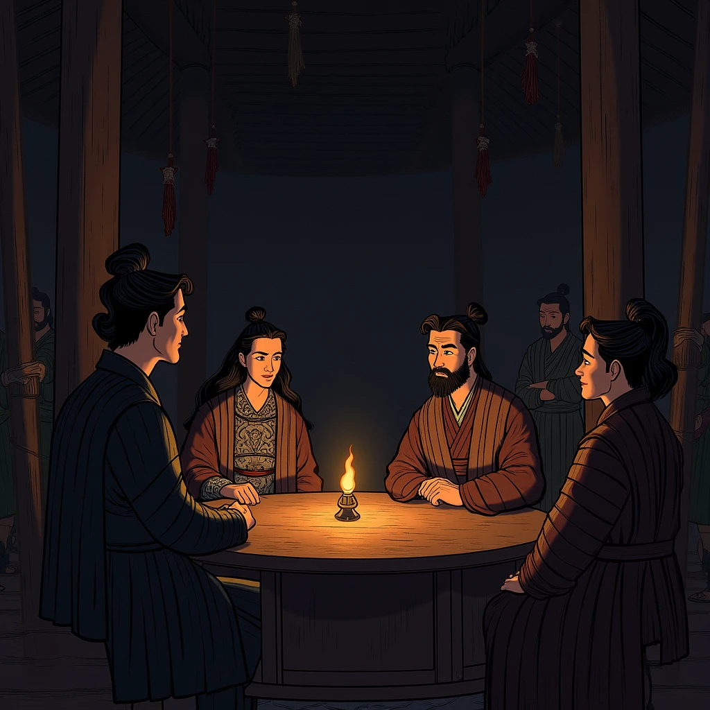 A historical Chinese comic-style illustration set inside a dimly lit war tent, where warriors are engaged in a serious discussion. The scene is dark, with only a few flickering torches providing sparse lighting. The characters are dressed in Vietnamese Lê Sơ dynasty battle attire, featuring traditional armor and robes. The central figure is Lê Lợi, wearing a distinct battle robe with a flowing cape, his expression contemplative, and he has a beard. To his side stands Nguyễn Trãi, appearing mature, around 40-50 years old, with an air of wisdom, dressed in refined, elegant robes rather than armor. Nearby is Lê Lai, a strong warrior with a face resembling Lê Lợi, symbolizing their close connection. Other warriors around display various stances, some leaning in with arms crossed, others resting hands on the table. The wooden beams and hanging decorations give the setting an authentic war tent atmosphere. The style should match the first image's dark tones and composition.