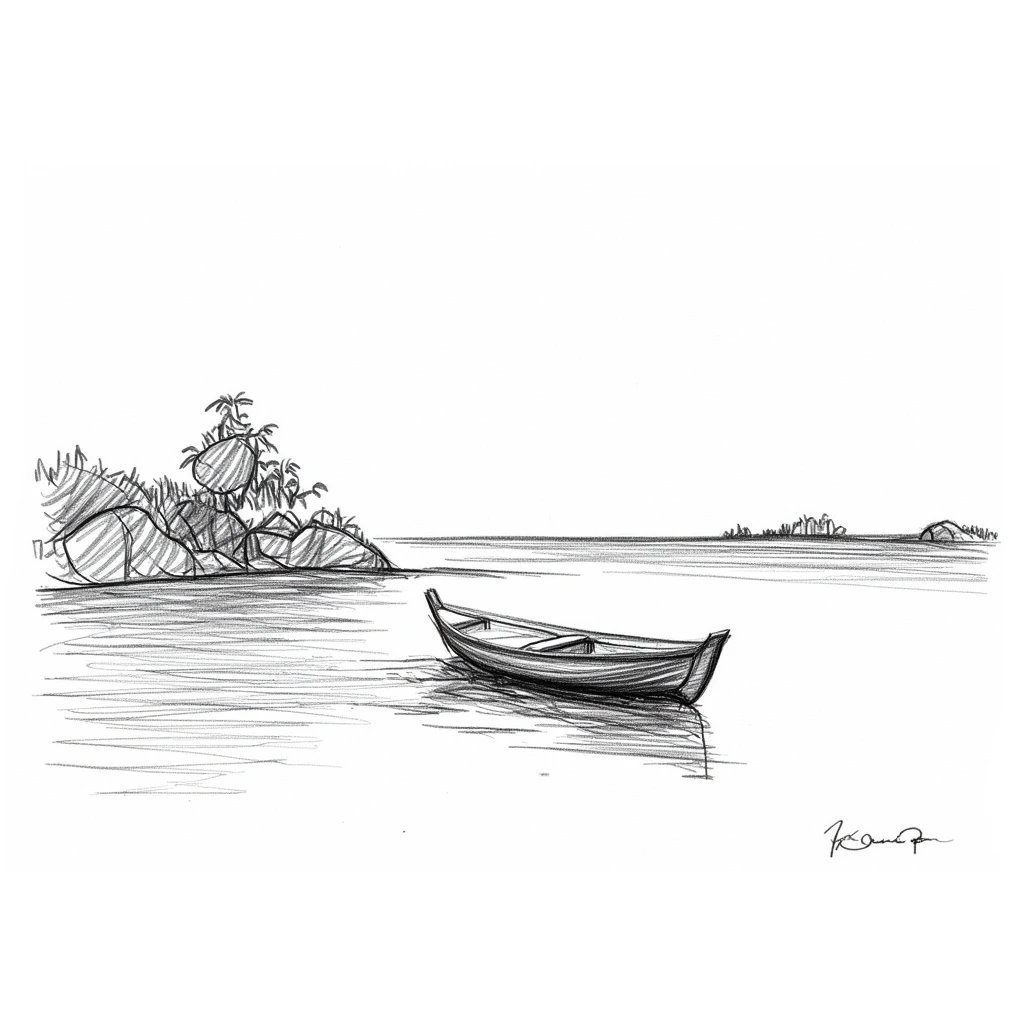 sketch of river with boat.
dimension of sketch will be 4x12
black and white line drawing