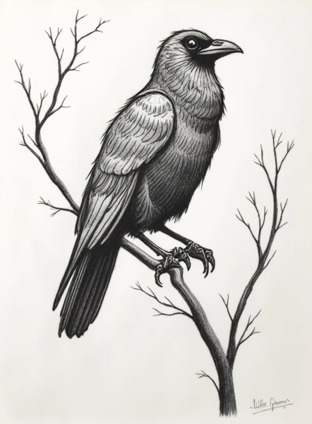 A detailed black and white illustration of a raven perched on a branch, showcasing intricate feathers and a sharp beak. The bird's expressive eye and textured plumage contrast with the softer lines of the bare tree branches in the background, creating a striking focal point. The overall composition emphasizes the raven's regal posture and the natural environment.