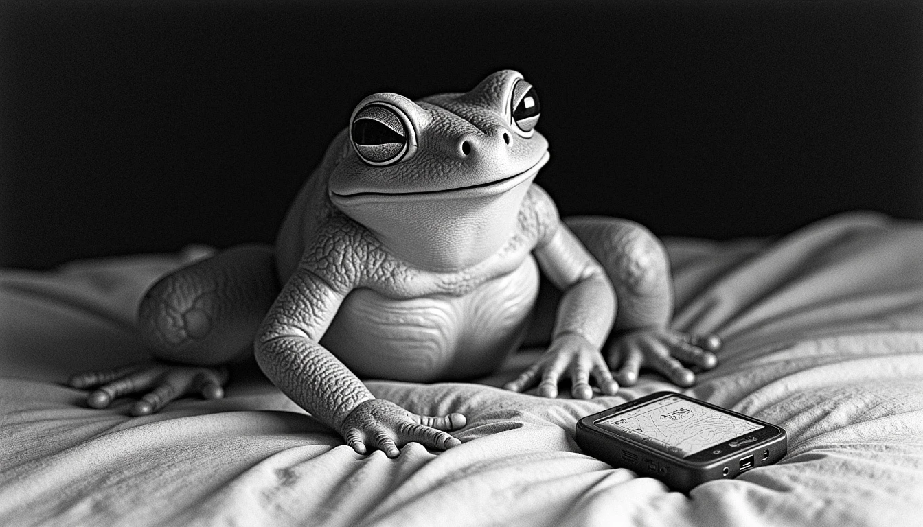 pencil drawing of a sexy frog sitting watching phone in bed in the dark