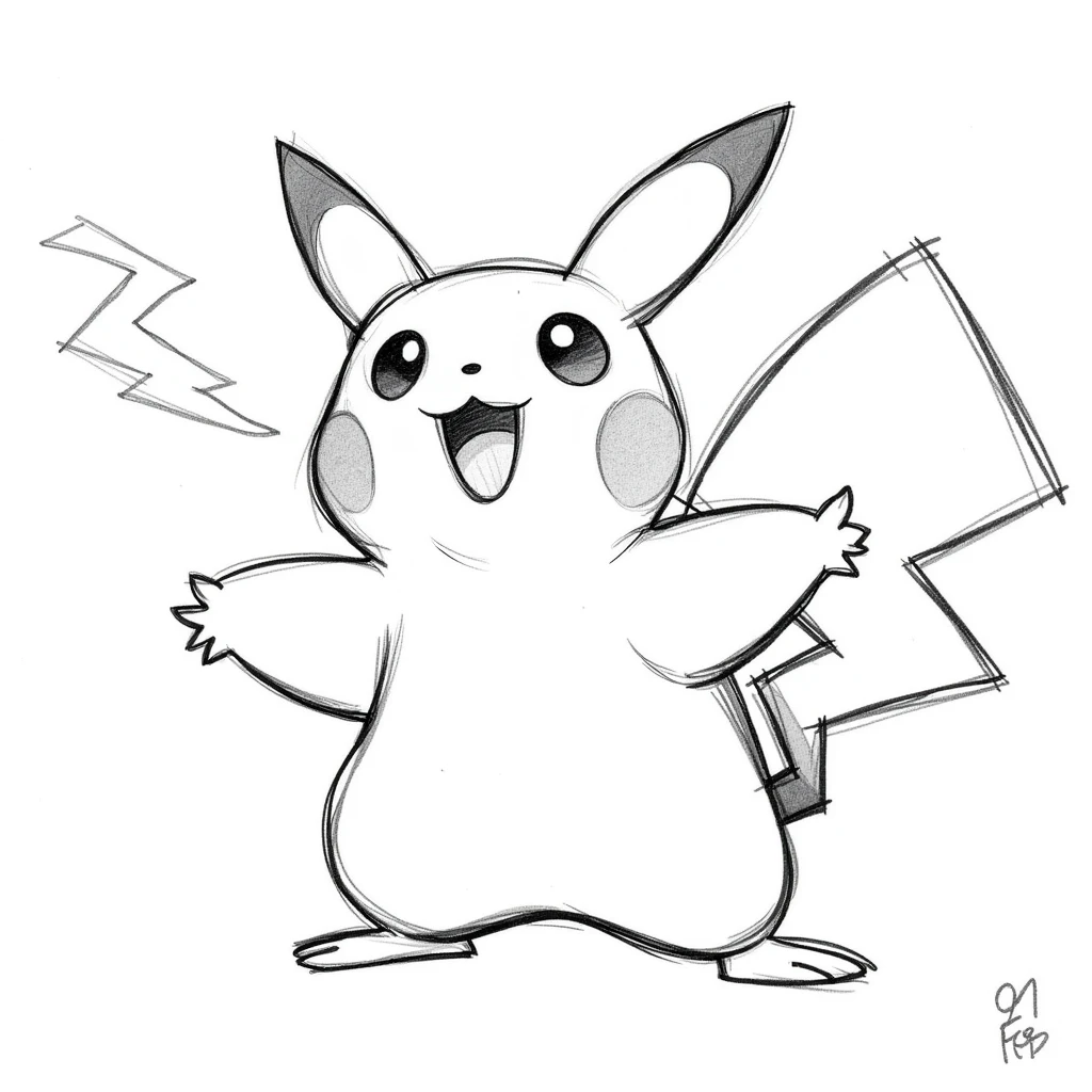 A black and white sketch the style of TOK of pikachu doing a thunderbolt by Pencil Sketch Drawing Generator