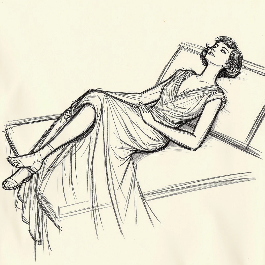 A sketch of a girl laying on a couch in the style of TOK. The girl looks dreamy at the screen and is wearing a 1920 ballroom dress by Pencil Sketch Drawing Generator