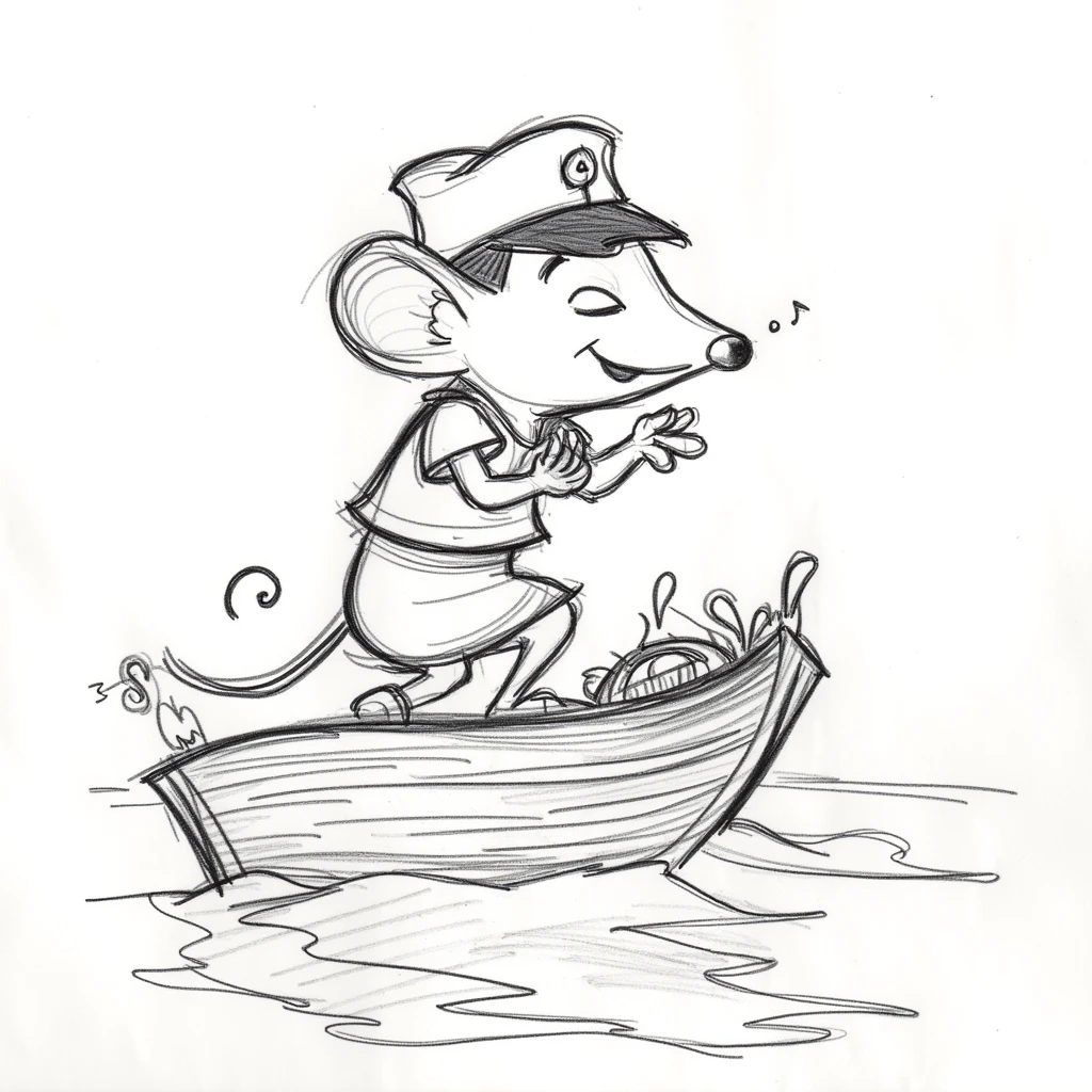 A sketch of a mouse character in the style of TOK. The character is whistling a happy tune and wearing a captains hat. The character is on an old shrimp boat holding the steering wheel by Pencil Sketch Drawing Generator