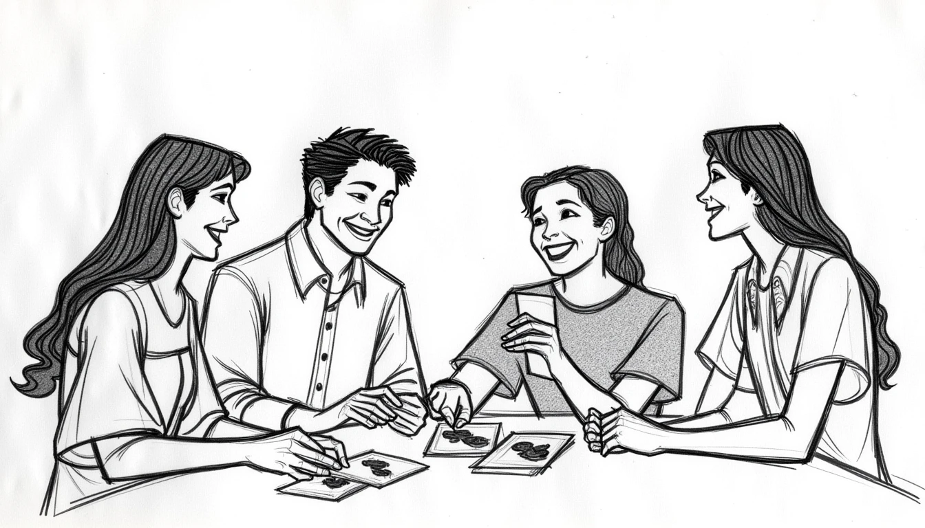 A sketch of a family of four playing a card game in the family room