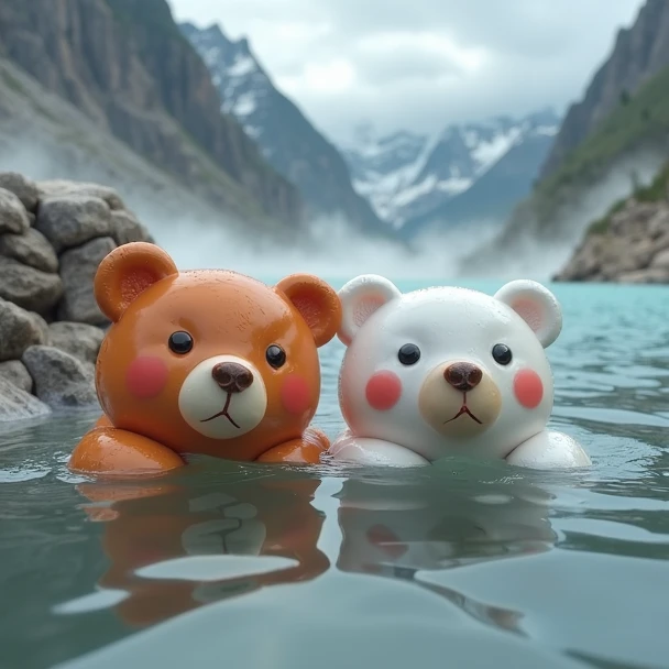 A sketch of there are two teddy bears in the water near a mountain, bears, (((luke chueh))), bearbrick, 🍁 cute, cute animals, in a lake, cute! c4d, cute scene, cute toy, cute creatures, best friends, peaceful looking animals, me and you, water background, cute characters, plushie photography, bear, toy commercial photo in a style of TOK