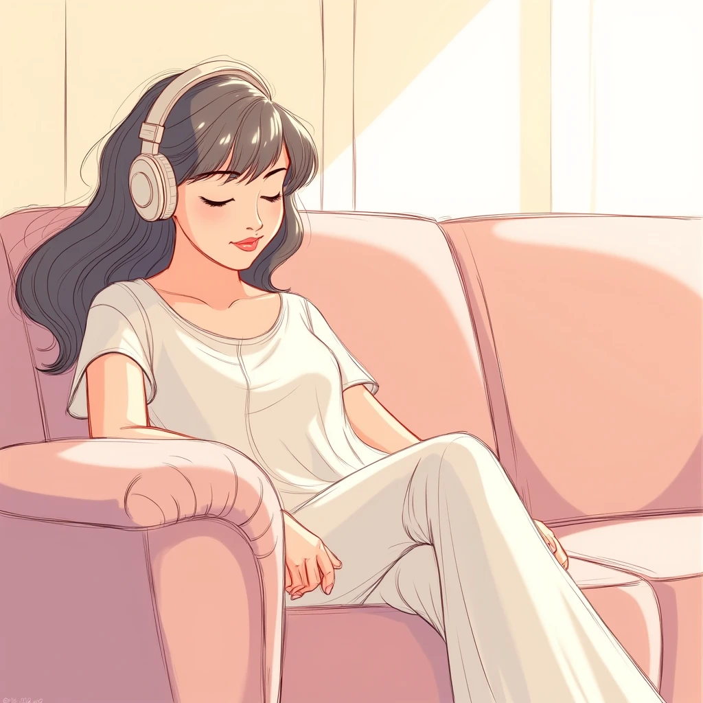 " K-POP female idol sitting comfortably on a sofa, wearing headphones, listening to music, and humming. She has a relaxed posture, with one arm resting on the sofa and her eyes gently closed. The illustration captures a peaceful and cozy atmosphere, with smooth and clean lines emphasizing her elegant yet casual appearance."