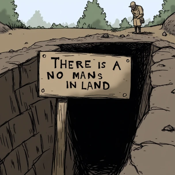 A sketch of there is a sign that says no man in land in front of a trench, no man's land, trench crusade, no mans land, no man, bunkers, no land, ww1 trench, battlefield 5, bunker, no army, point of no return, entrance to a dark tunnel, place of battle, no ground, on a battle field in a style of TOK
