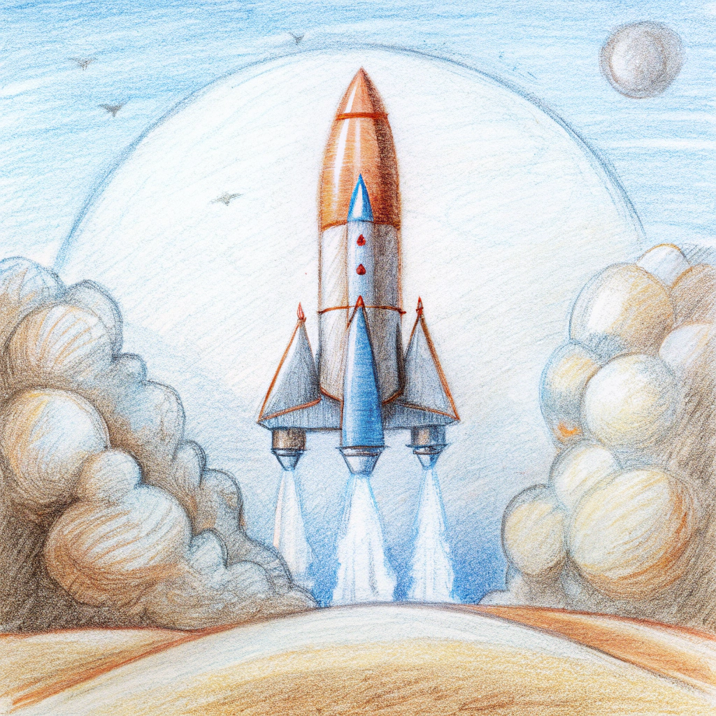 A space ship take off from the rocket launch pad