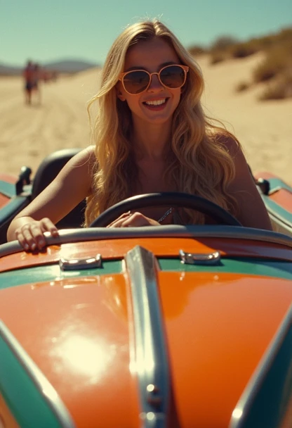 A sketch of arafed image of a woman in a princess's beach car, princess peach, shot from danis villeneuve movie, peach, portrait of princess peach, movie screenshot, screenshot from a movie, peaches, film still from movie dune-2021, still shot from movie, still frame from a movie, wearing orange sunglasses
