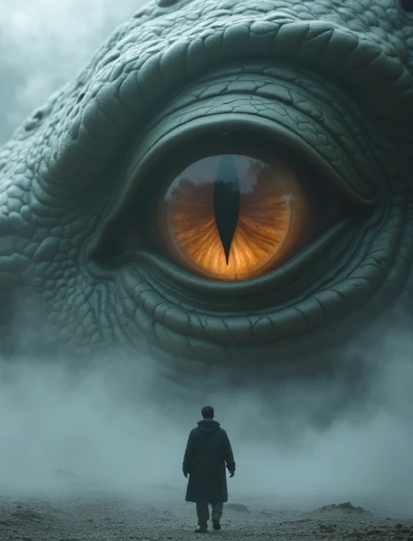 a man standing in front of a giant eye with a large dragon's eye, still from a fantasy movie, dragon eye, colossal dragon as background, dragon eyes, jormungandr, jörmungandr, sylvain sarrailh and igor morski, i just saw a huge dragon, dragon mawshot art, basilisk, draconian