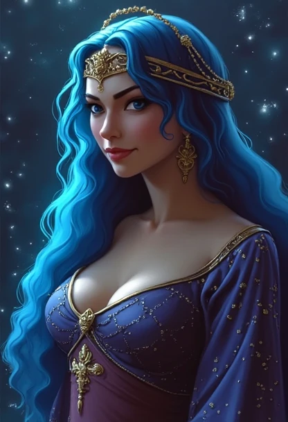 a woman with blue hair and a crown on her head, beautiful fantasy art portrait, beautiful fantasy portrait, very beautiful fantasy art, beautiful fantasy painting, fantasy gorgeous lighting, beautiful fantasy art, aesthetic!!!!!! female genie, cosmic goddess, ((a beautiful fantasy empress)), beautiful genie girl, fantasy portrait art, gorgeous digital painting, beautiful woman with blue hair, digital art fantasy art