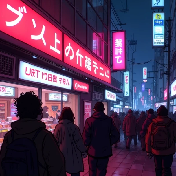 A sketch in the style of TOK of people walking down a city street at night with neon signs, cyberpunk marketplace, cyberpunk signs, neon shops, in a cyberpunk setting, in cyberpunk aesthetic, cyberpunk neon lights, cyberpunk market, (neotokyo), aesthetic cyberpunk, cyberpunk 2 0 7 7 night city, city neon light, neon advertisements, cyberpunk neon, cyberpunk with neon lighting, japanese neon signs