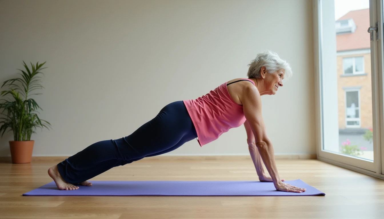 an elderly woman training on a plank exercise position on a yoga mat