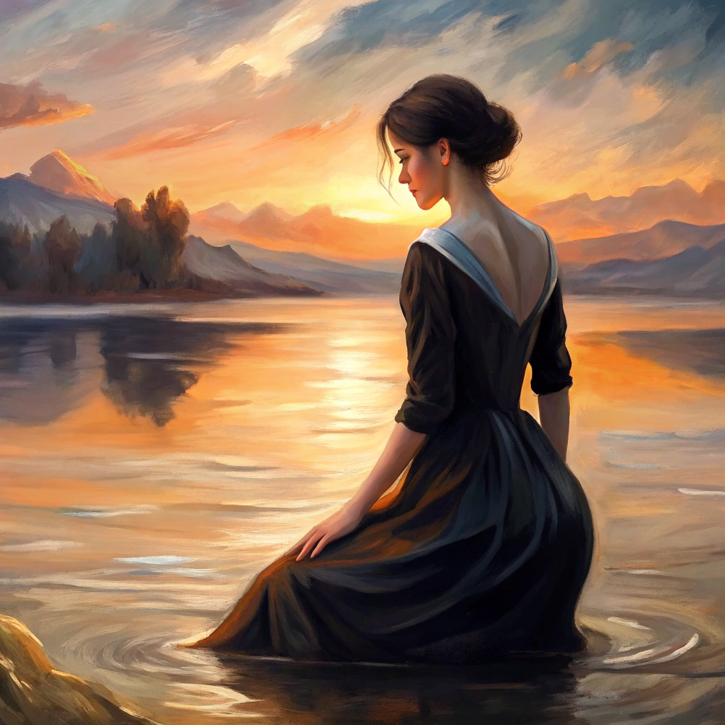 a woman in a black dress is sitting in the water, romanticism painting, girl watching sunset, she is walking on a river, in the sunset, in a lake, beautiful digital painting, gorgeous digital painting, at a beautiful sunset, stunning digital painting, gorgeous romantic sunset, atmospheric painting, romantic painting, by Alexander Kucharsky, beautiful lake background, sunset mood