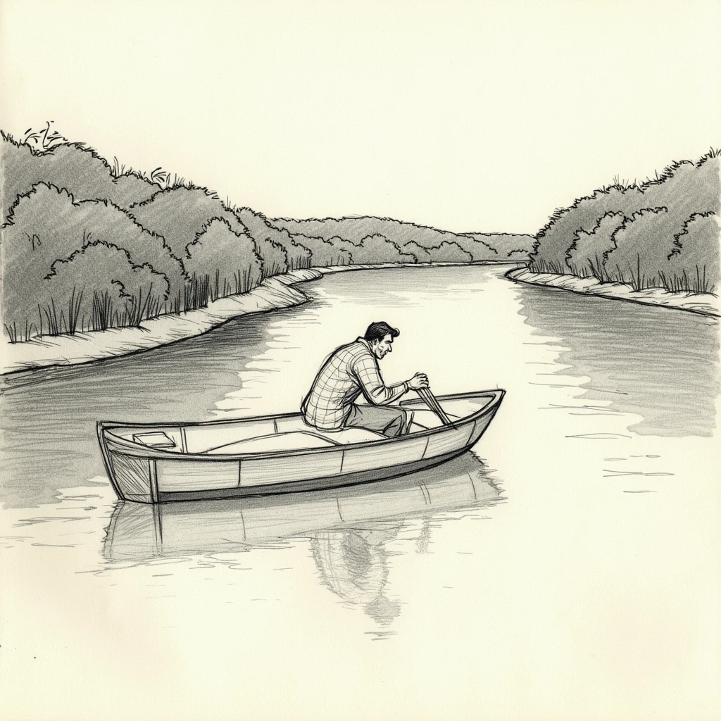 sketch of river with boat