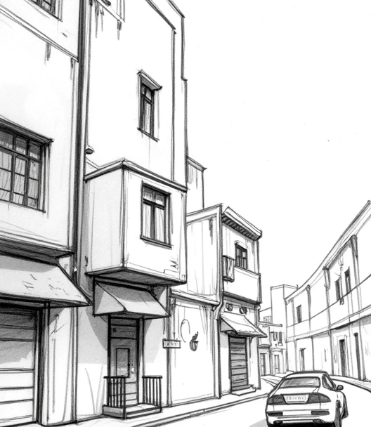 drawing of a street with a car driving down it, old jeddah city alley, artwork of a hong kong street, inspired by Rackstraw Downes, one-line drawing, one - line drawing, by Rackstraw Downes, by Jang Seung-eop, old jeddah city street, by Gilberto Soren Zaragoza, architectural sketch, one line drawing