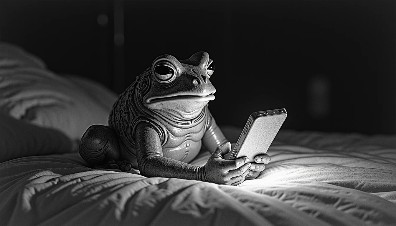 pencil drawing of a sexy frog sitting watching phone in bed in the dark